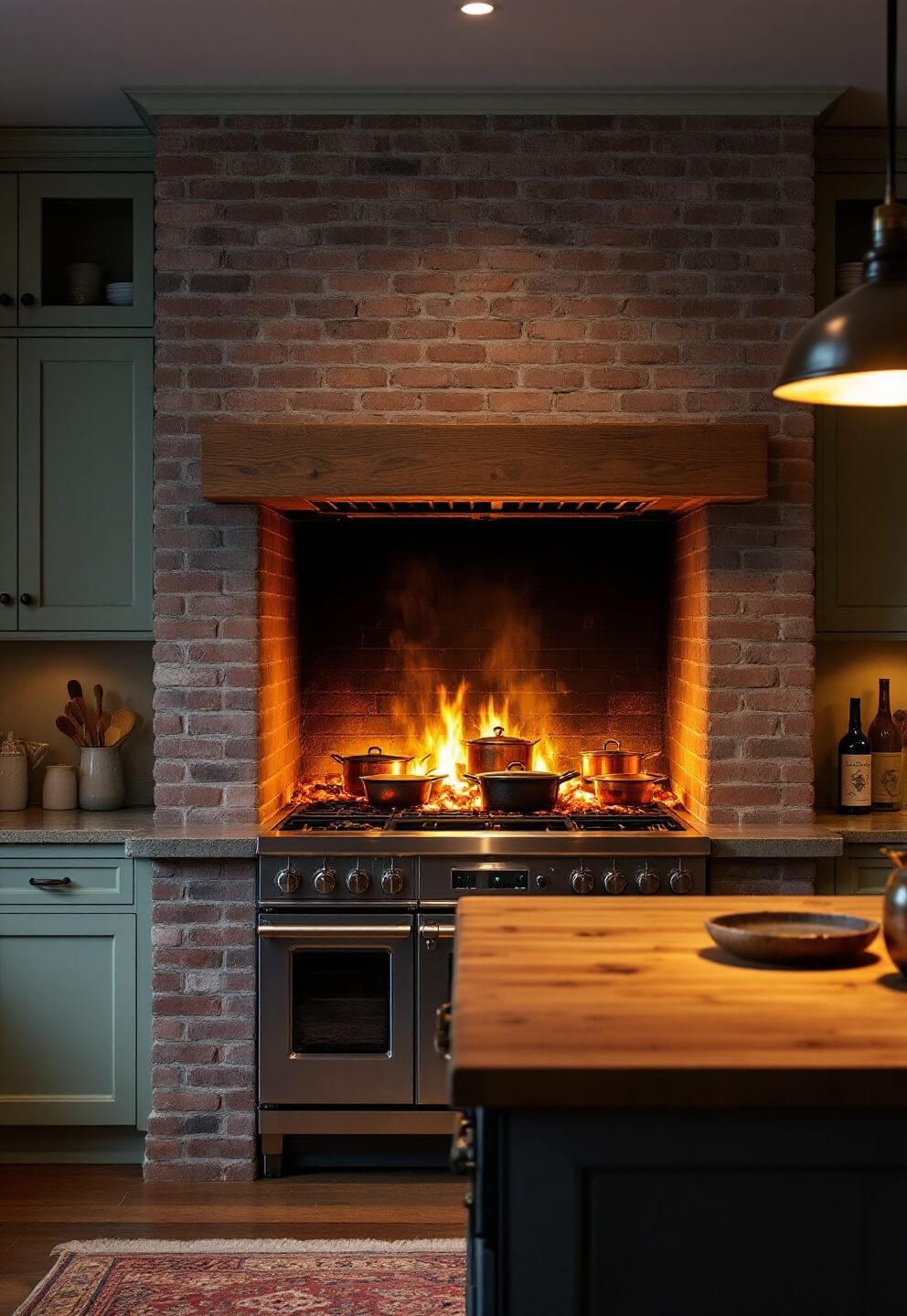 Dramatic low-angle evening shot of a 10ft height brick kitchen hearth with iron pots and copper cookware illuminated by artificial firelight, framed by sage green cabinets and an island with butcher block in the foreground.