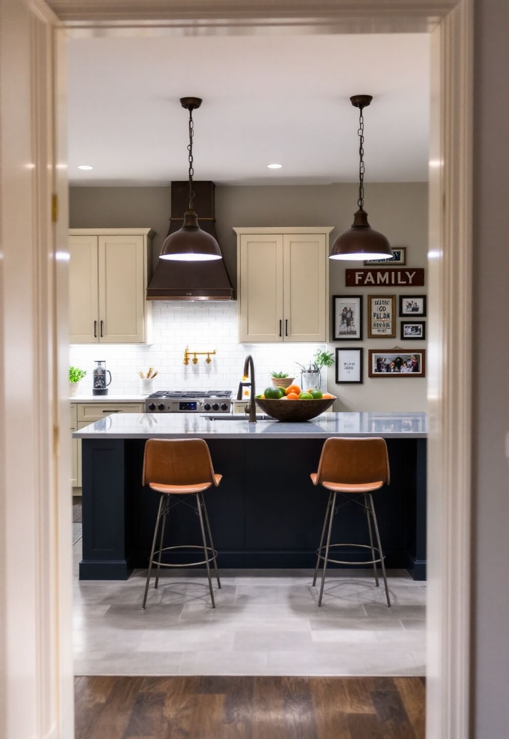 Dusk kitchen scene showing under-cabinet LEDs illuminating cream subway tile backsplash, aged copper pendant lights over a navy island with leather barstools, and a gallery wall of vintage enamel signs and family photos in copper frames, shot from the doorway at ISO 800.