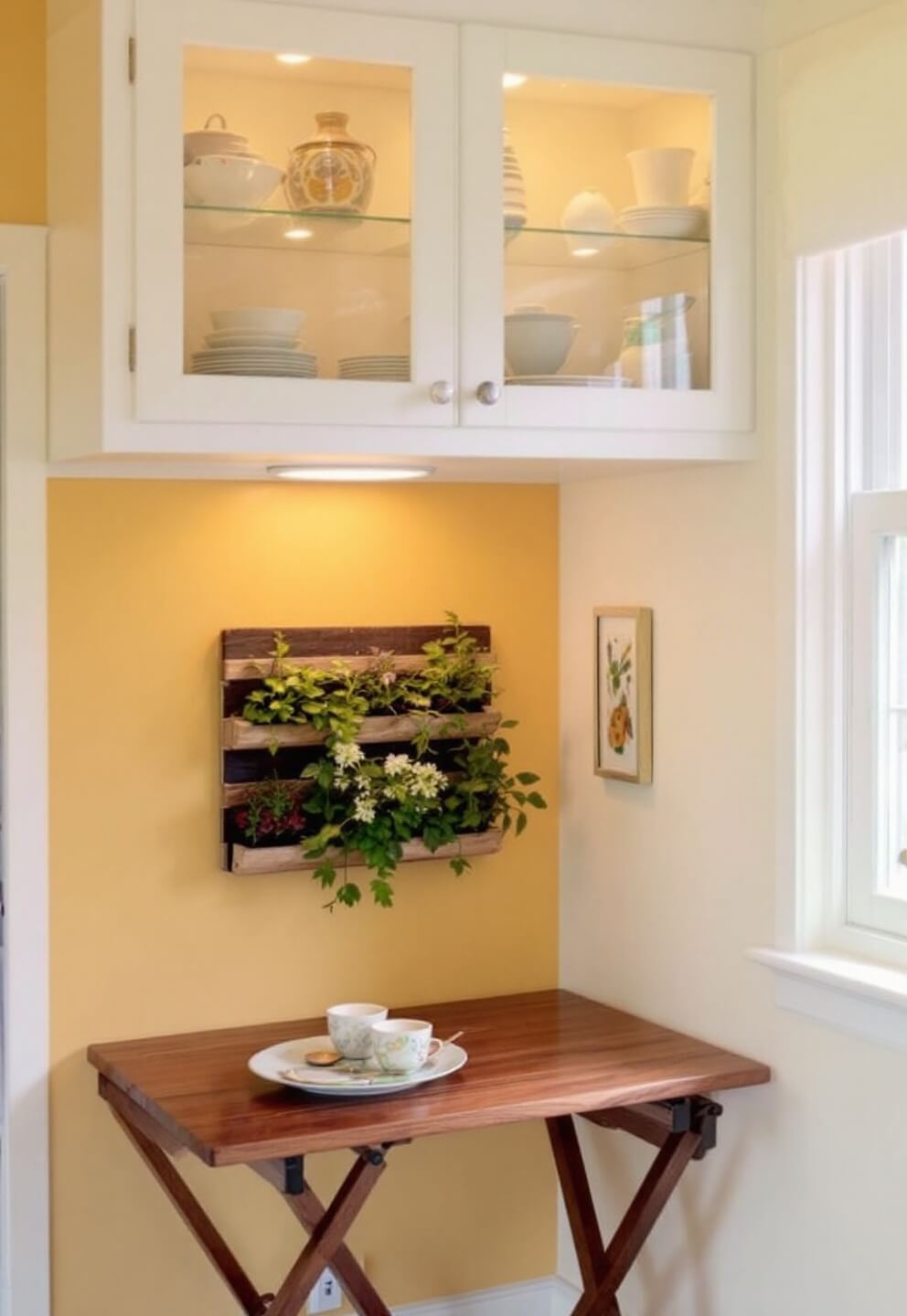 Compact galley kitchen with mirror backsplash, glass-front upper cabinets displaying pottery, vertical herb garden, and fold-down walnut table, illuminated by natural mid-morning light.