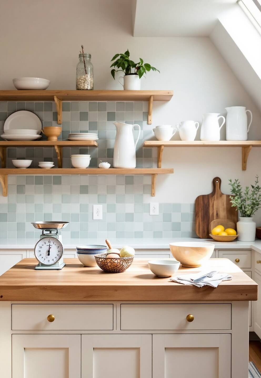 Mid-morning sunshine lighting up a spacious kitchen with a cream-colored island, maple butcher block, vintage scale, and pottery on display, and a ceramic tile backsplash in soft hues of blues and greens