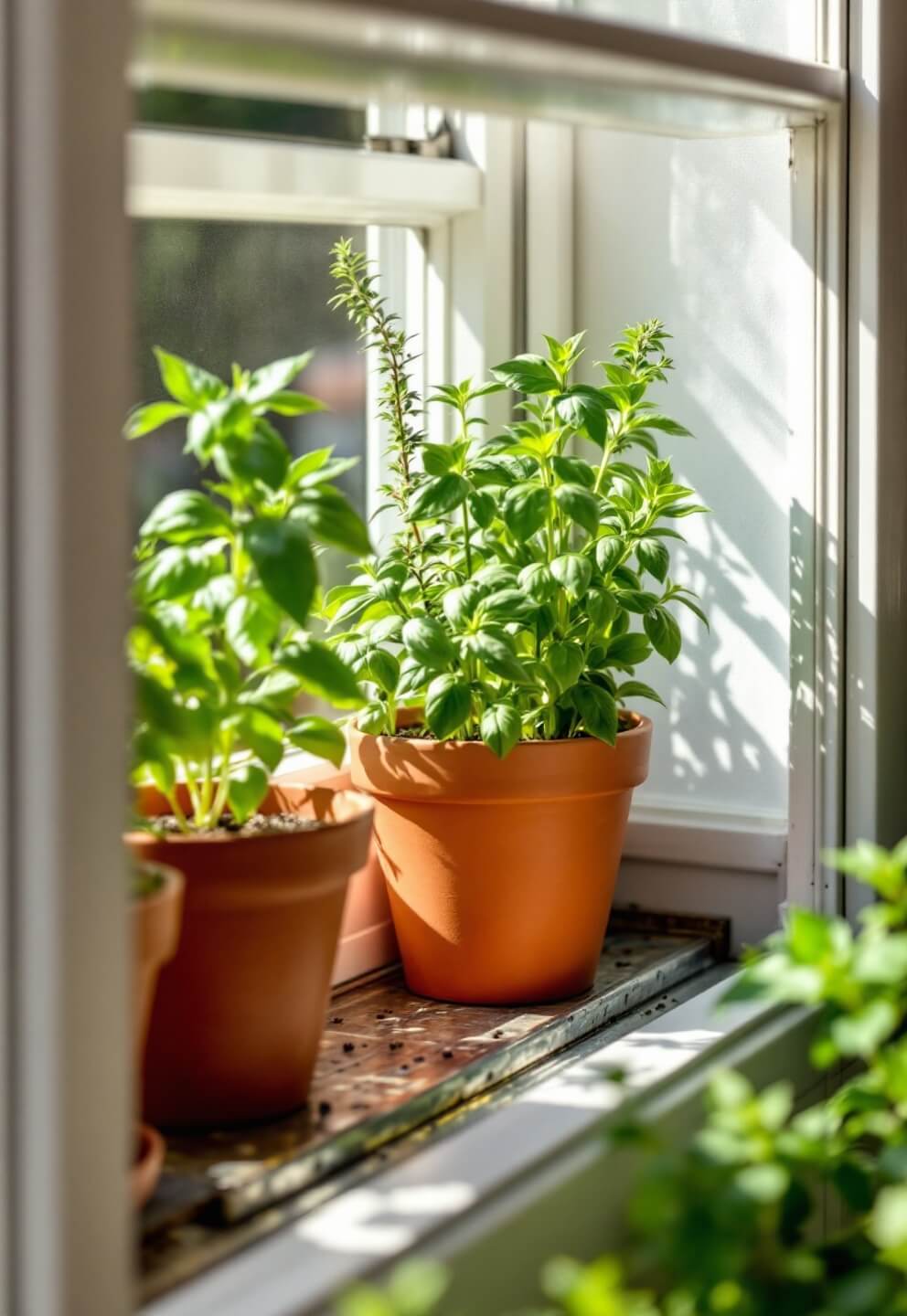 Morning sunlight highlighting a kitchen garden window with terracotta pots of basil, thyme, and sage on a zinc-lined sill, framed by white painted wood and lace café curtains.