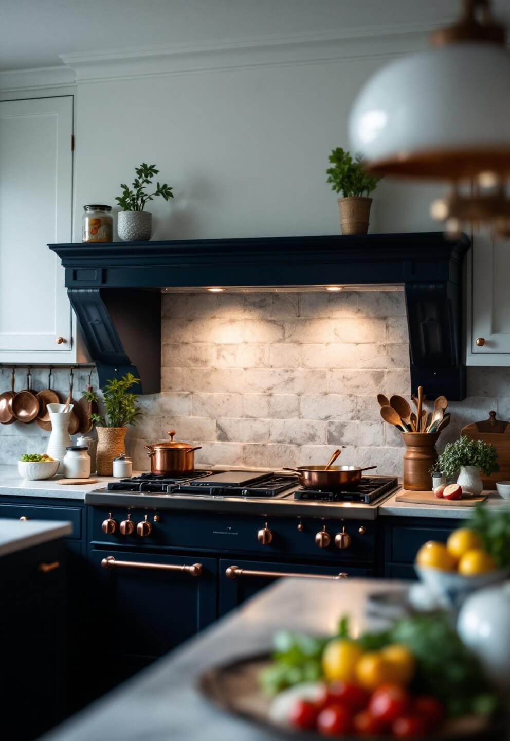 Early evening kitchen scene featuring deep navy range with copper hardware, illuminated workspace with warm under-cabinet lighting, vintage wooden spice rack and hanging copper pots against stone backsplash, with soft focus on prep area with fresh ingredients, shot at eye level in moody lighting.