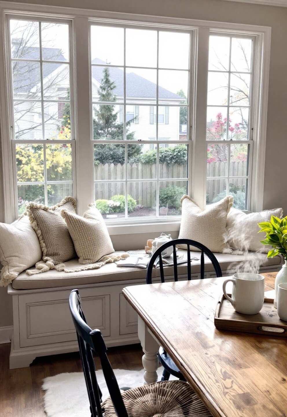 Cozy morning scene with sunlight streaming through multi-pane windows on a cushioned window seat with cream fabric, antique wooden table with mismatched navy chairs, steaming ceramic mugs on a reclaimed wood tray, all set in warm natural backlighting.