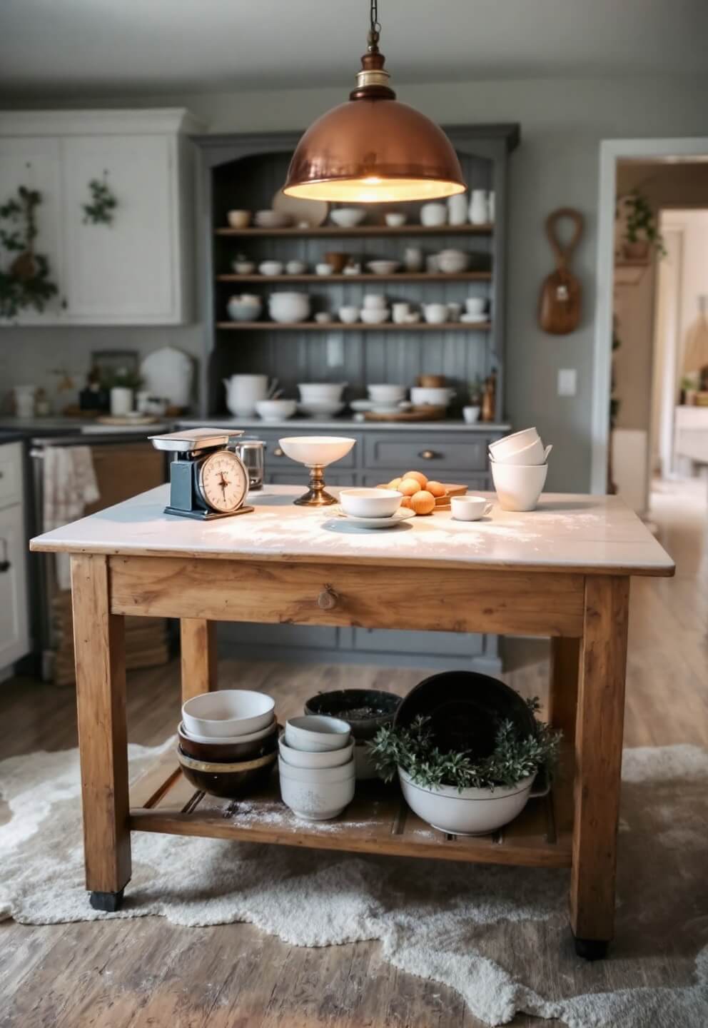 Antique pine table with baking tools under warm copper light, freestanding hutch with earthenware in the background