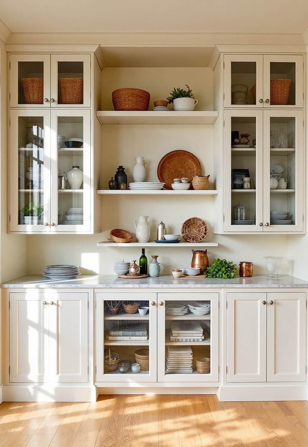 Cream-colored storage wall with open shelves and glass cabinets, displaying collections of ironstone, copper, and woven baskets, bathed in soft late afternoon light casting dramatic shadows, captured straight-on with a wide-angle lens.