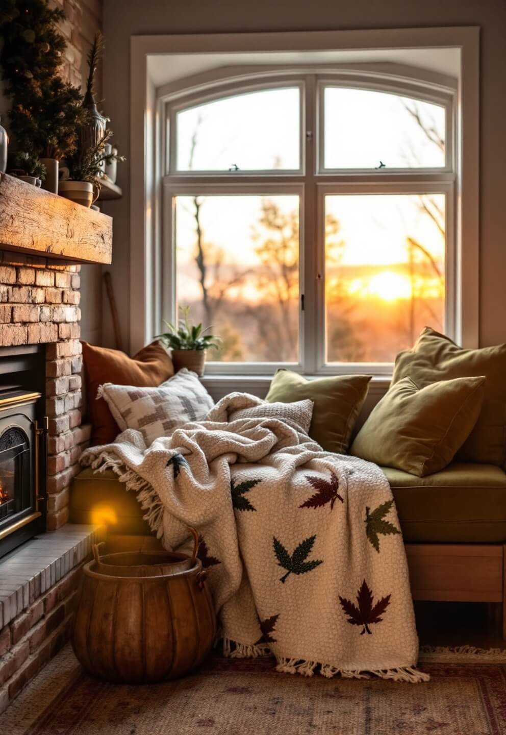 Cozy kitchen corner with 5x5ft fireplace nook, cushioned window seat adorned with olive green velvet cushions, vintage quilts, and woven throws, all bathed in the warmth of firelight and sunset rays.