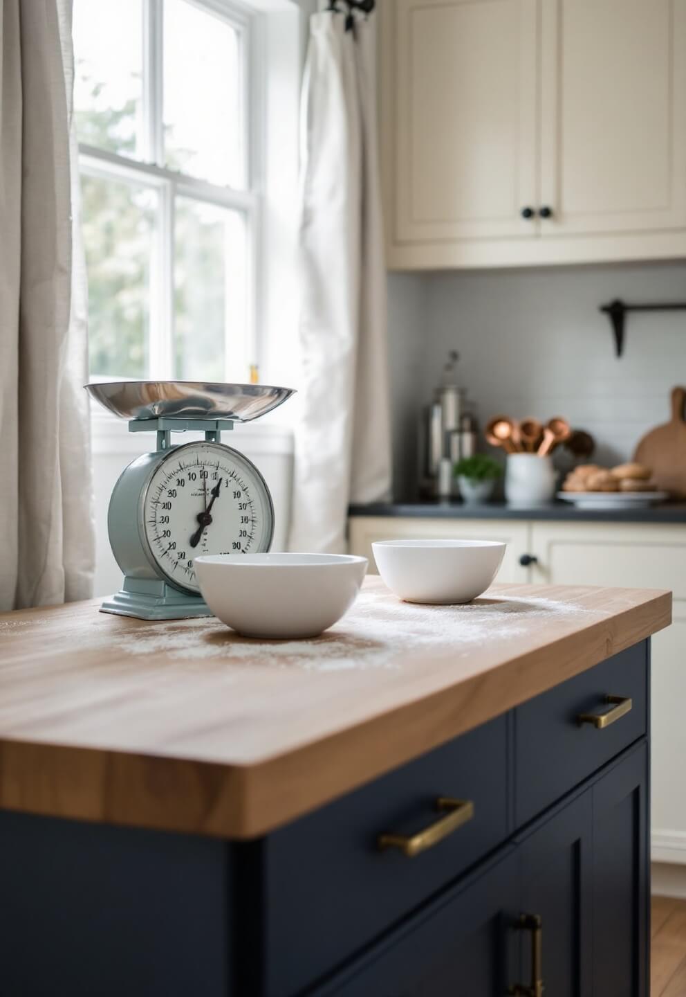 Afternoon baking scene featuring flour-dusted butcher block island, vintage scale, ceramic bowls, navy cabinets, cream upper cabinetry, and copper measuring cups illuminated by filtered light through linen curtains