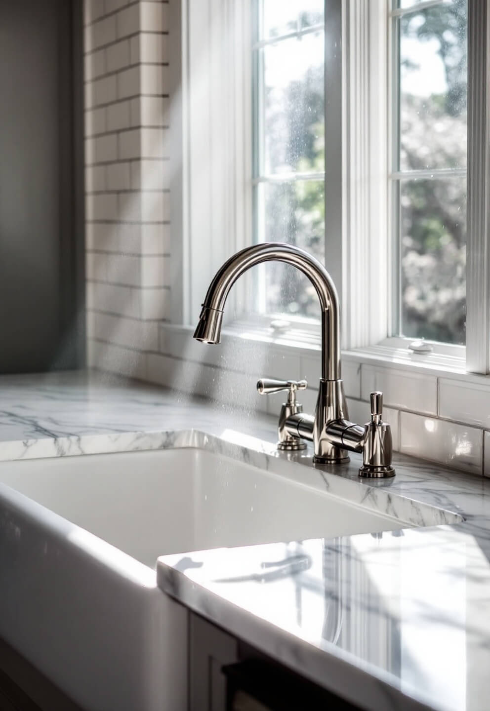 White apron farmhouse sink under window with polished nickel faucet, marble counters and subway tile backsplash highlighted by morning sunlight