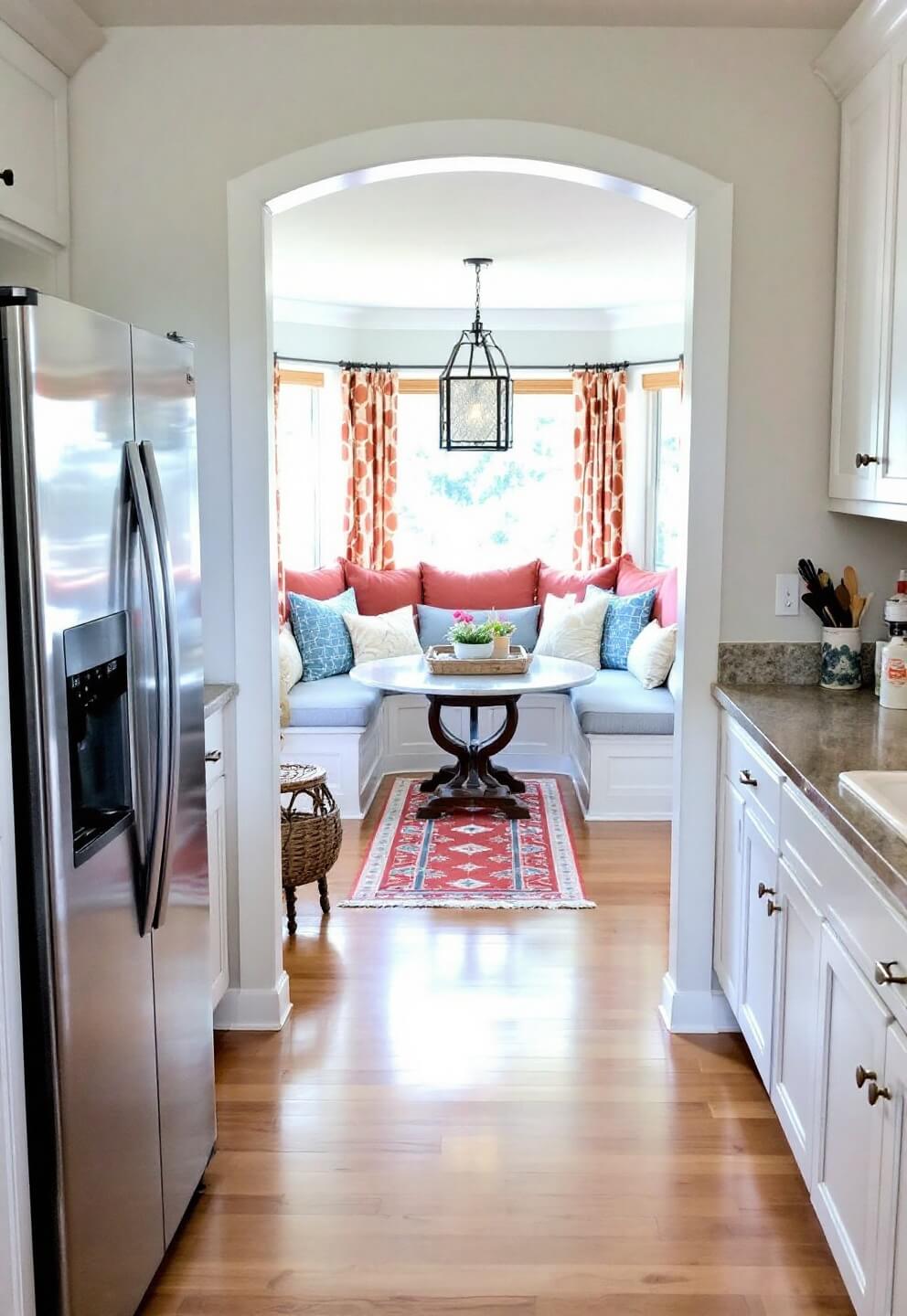 Late morning kitchen with hardwood floors leading to a cushioned breakfast nook, pendant lights with textured glass shades, and terra cotta accents in runners and cushions, shot through a doorway with natural light streaming in.