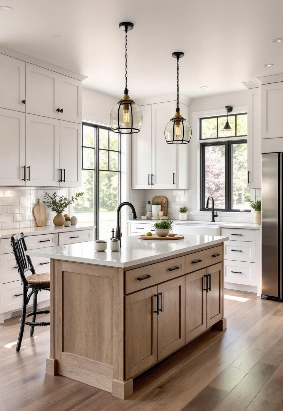 Morning sunlight illuminating a modern 20x15ft farmhouse kitchen featuring white shaker cabinets, large oak island, quartz countertops, and oak flooring with black hardware and brass pendant lights