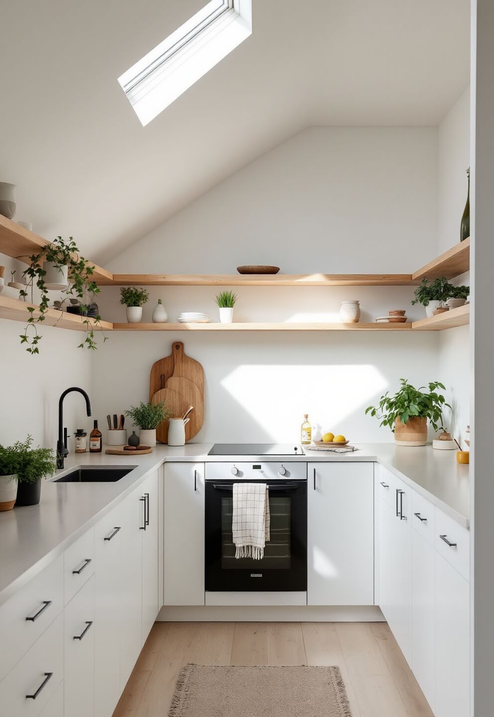 Scandinavian-inspired kitchen with vaulted ceiling, light oak floating shelves, white cabinets, concrete countertops, minimalist ceramic accessories and potted herbs, illuminated by diffused afternoon sunlight from skylights.