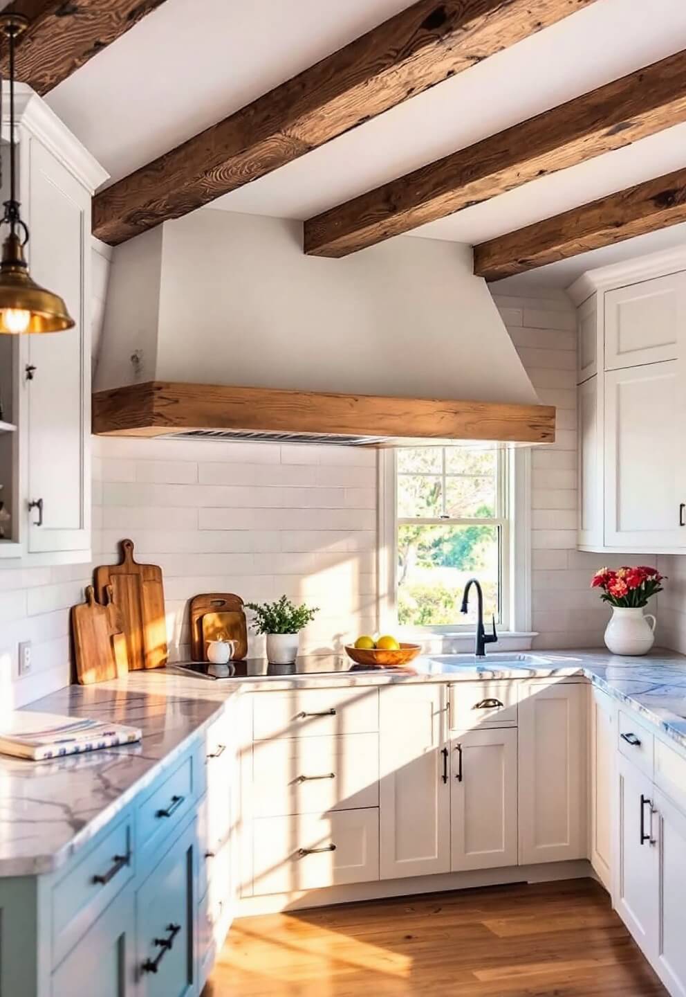 L-shaped kitchen with white cabinets, architectural oak beams, marble countertops, black iron details, and a natural oak hood under warm golden hour light through west-facing windows