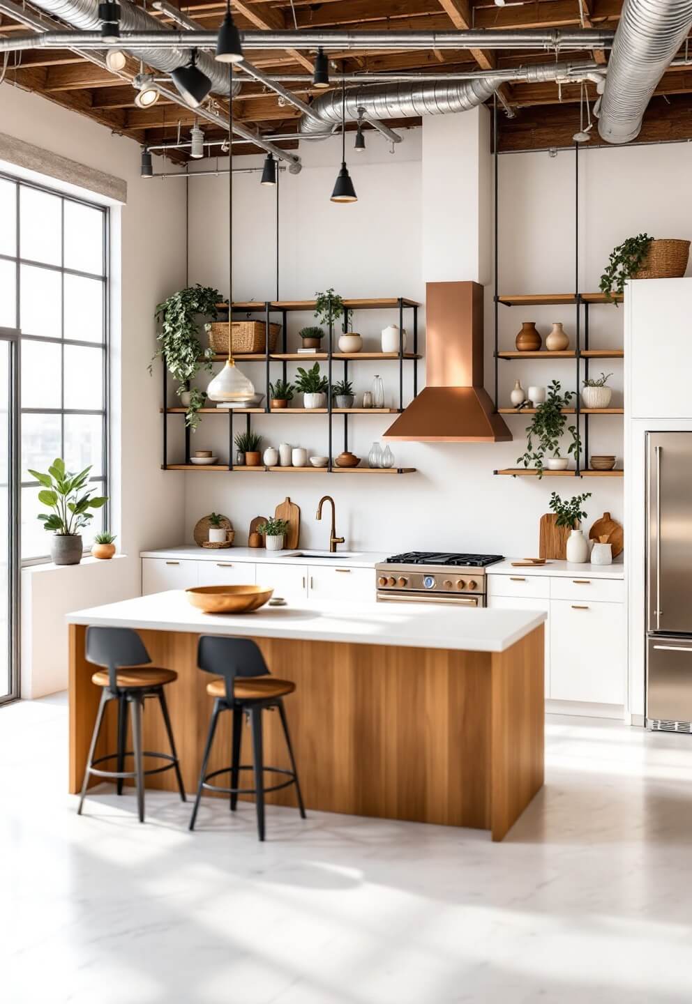 Bird's eye view of a spacious open concept kitchen featuring industrial elements, steel-framed windows, white concrete floors, oak open shelving system, pure white cabinets with integrated appliances, copper hood, brass fixtures, styled with earthenware and indoor plants.