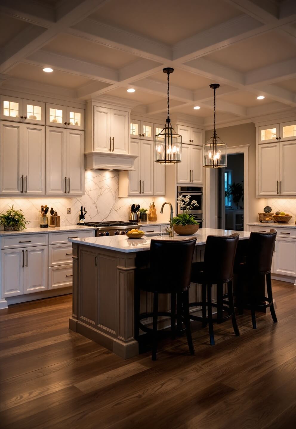 Transitional kitchen in early evening light, featuring creamy white cabinets and oak island with leather barstools, a full-height Calacatta marble backsplash, polished nickel hardware, and a glass pendant cluster under a coffered ceiling.