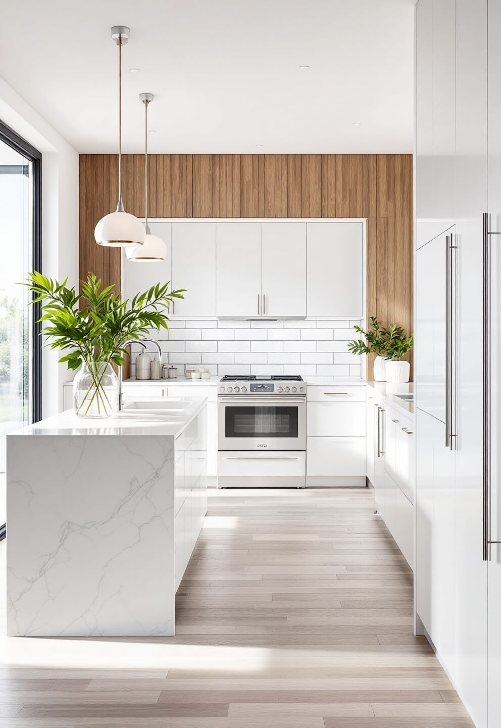 Spacious contemporary kitchen with floor-to-ceiling windows, white lacquer cabinets, oak accent wall, white quartz waterfall island with integrated sink, chrome fixtures and linear LED lighting in bright midday light.