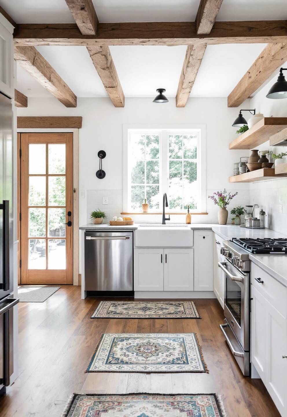 Rustic modern kitchen with exposed oak beams, distressed white cabinets, soapstone counters, farmhouse sink and oak floating shelves, illuminated by dawn light through French doors and industrial sconces; vintage rugs add warmth to the room; shot from the corner showing its 18x15ft size and high ceiling.