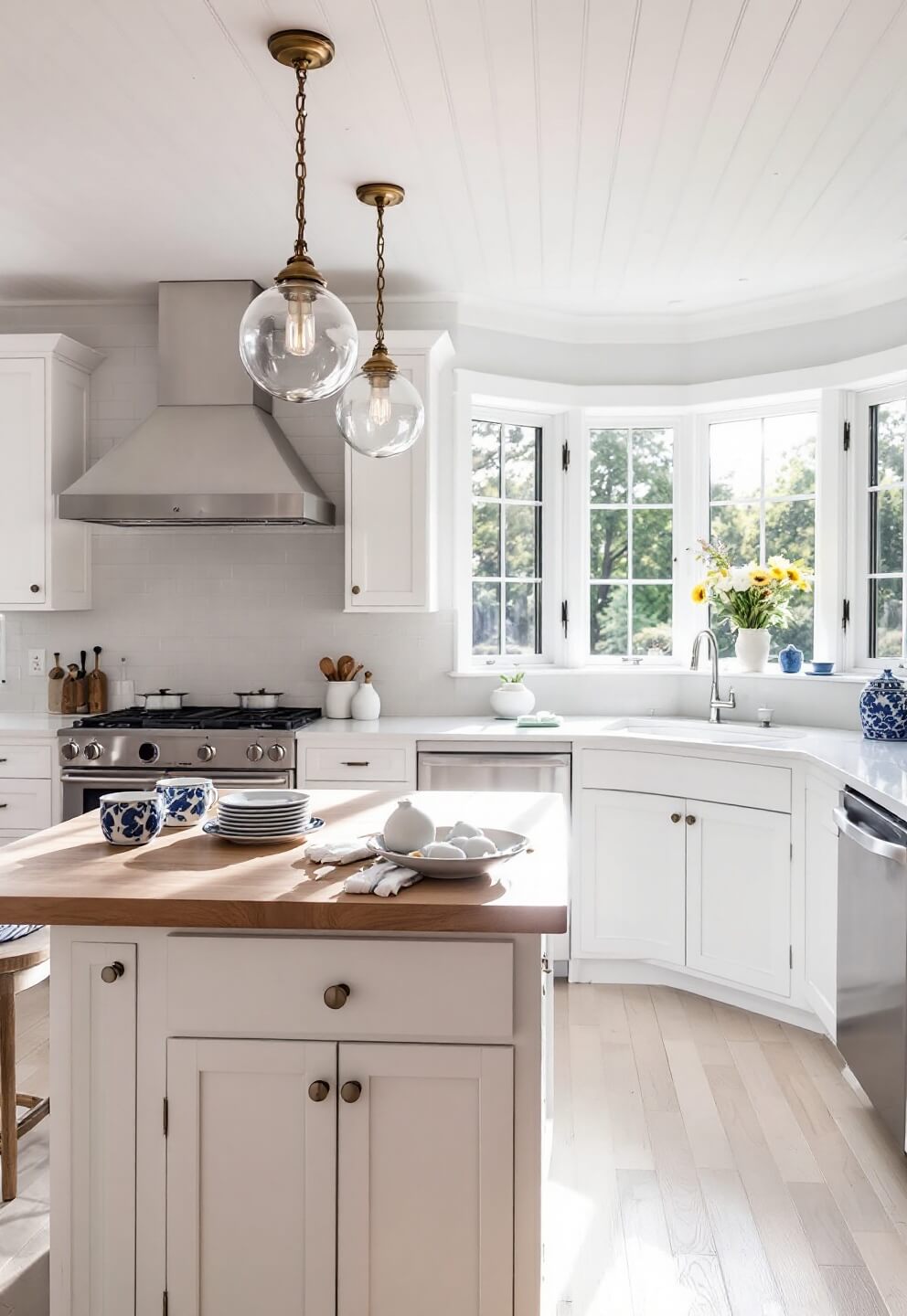 Coastal kitchen with shiplap ceiling, white beadboard cabinets, light oak island, and subway tile backsplash, bathed in late morning light from bay windows, featuring polished chrome pulls and glass globe pendants, styled with blue-white ceramics.