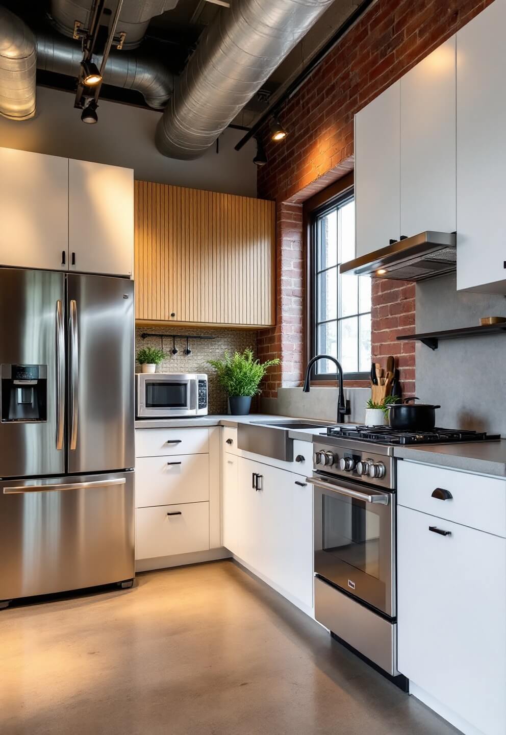 Low angle view of a spacious urban loft kitchen with high ceilings, white cabinets, oak wall feature, stainless appliances, concrete counters, blackened steel hardware and modern track lighting. The room is illuminated by afternoon light seeping through large industrial windows. The minimalist decor emphasizes geometric accents.