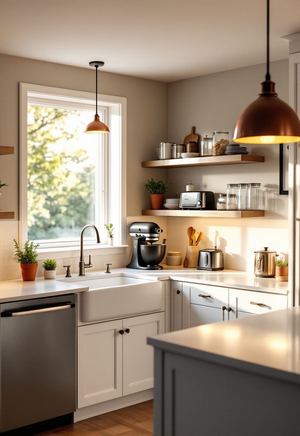 Minimalist modern kitchen bathed in golden sunlight with white shaker cabinets, a quartz waterfall island with copper pendant lights, essential black appliances, and clear glass storage containers on open shelving, nestled in a 12x15' space with greige walls and white oak flooring.