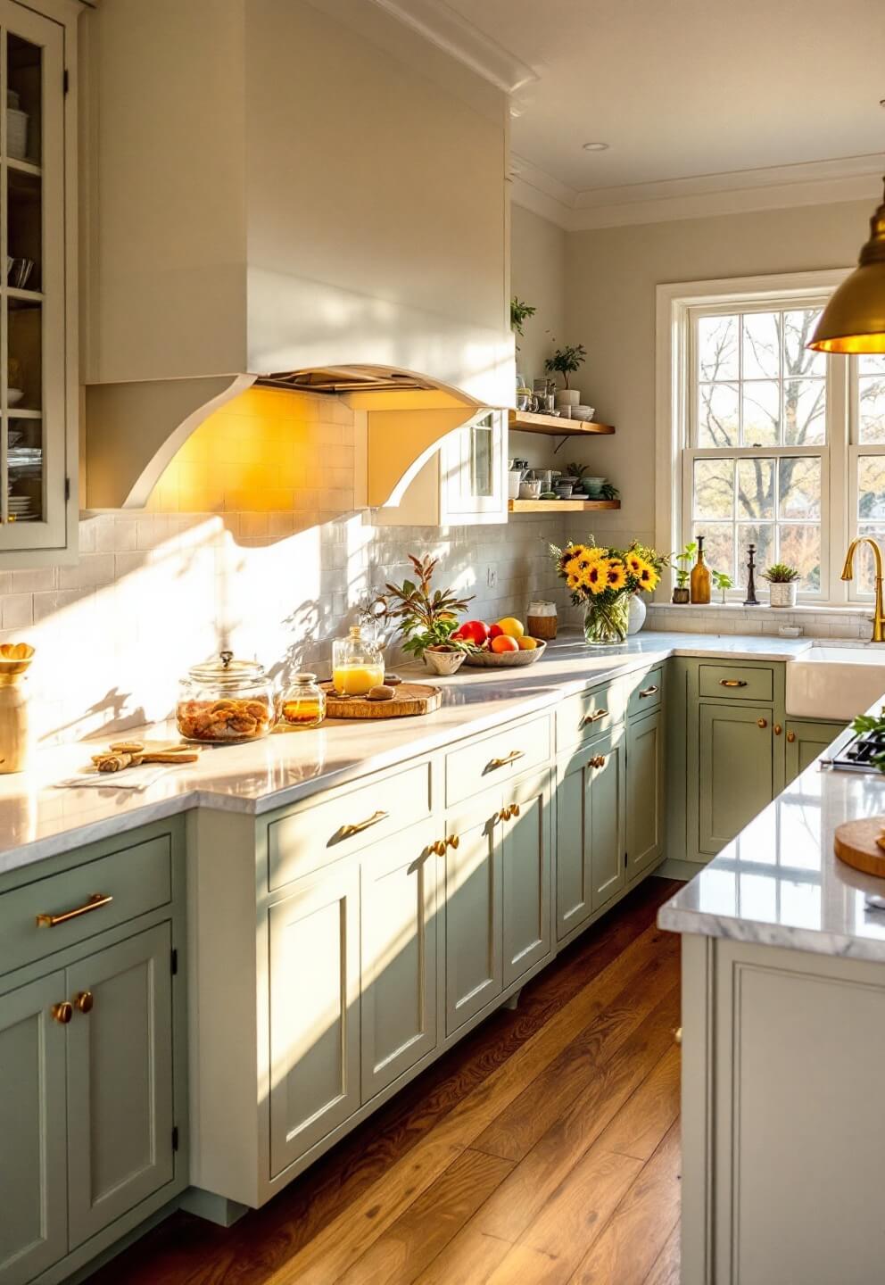 Low angle shot at counter height of a bright 15x20ft kitchen bathed in morning light, with sage green lower cabinets, cream upper cabinets, Carrara marble countertops and a 6ft cream-painted island with brass hardware. Features include natural white oak floors and pendant lights, amplified by golden hour lighting.