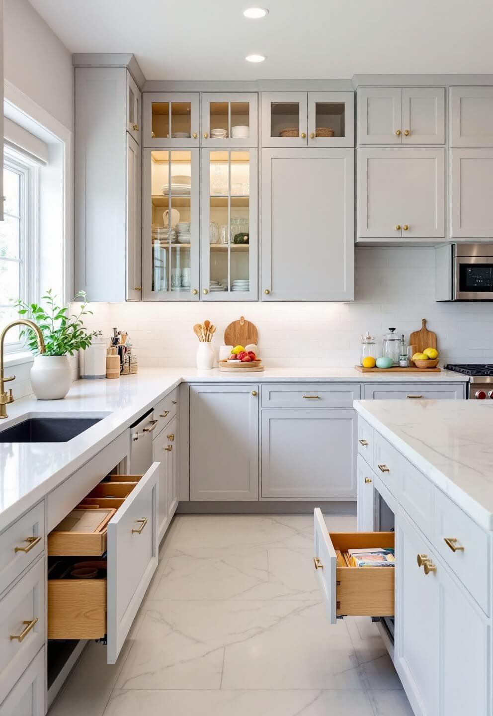 Bright, transitional kitchen featuring pale gray cabinetry, crystal-clear pantry, white marble countertops, wooden drawer organizers and professional-grade lighting, shot at mid-morning from an eye-level front view.