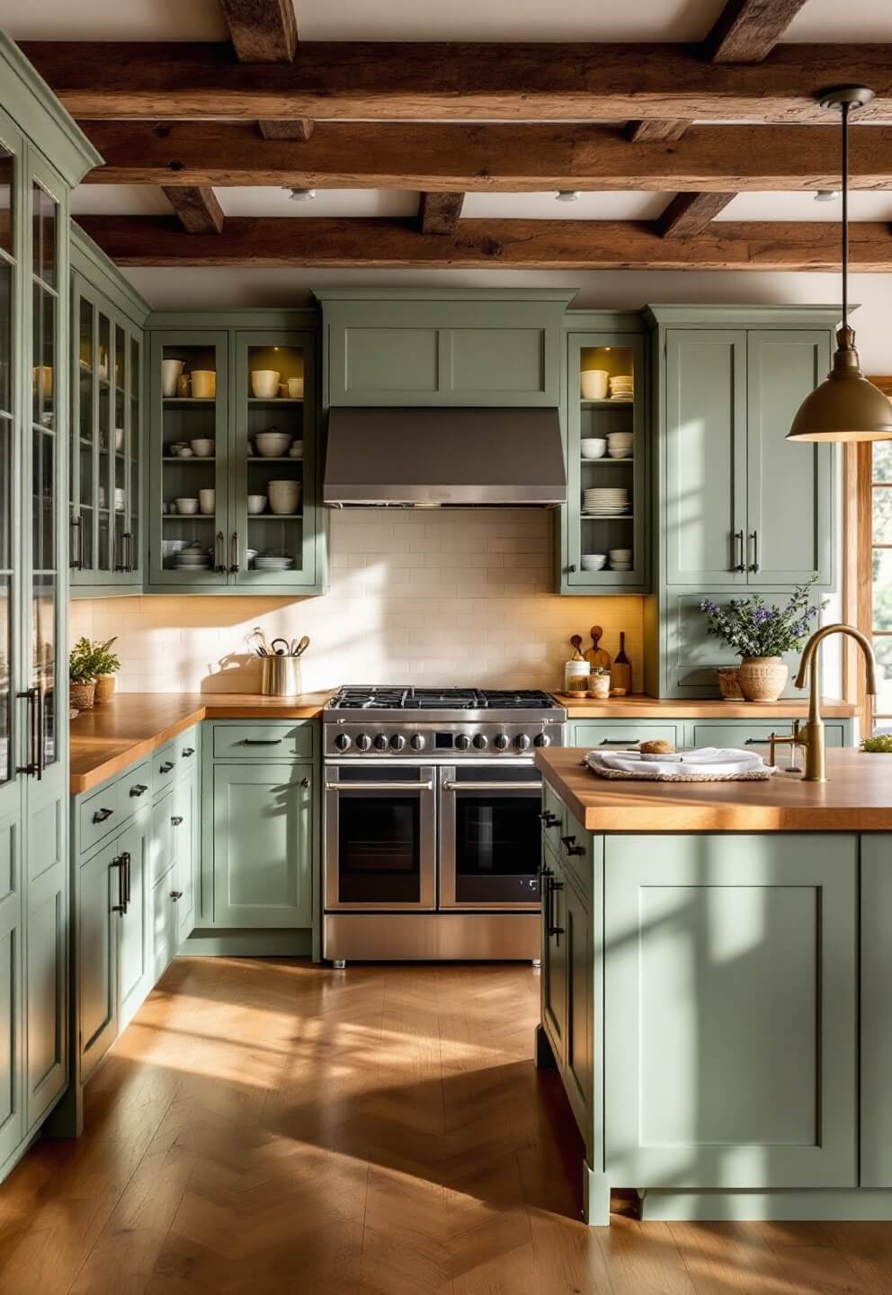 Professional-grade kitchen with high ceilings, exposed wooden beams, sage green cabinets, butcher block counters, and a cream subway tile backsplash, illuminated by natural afternoon light and warm under-cabinet lighting.