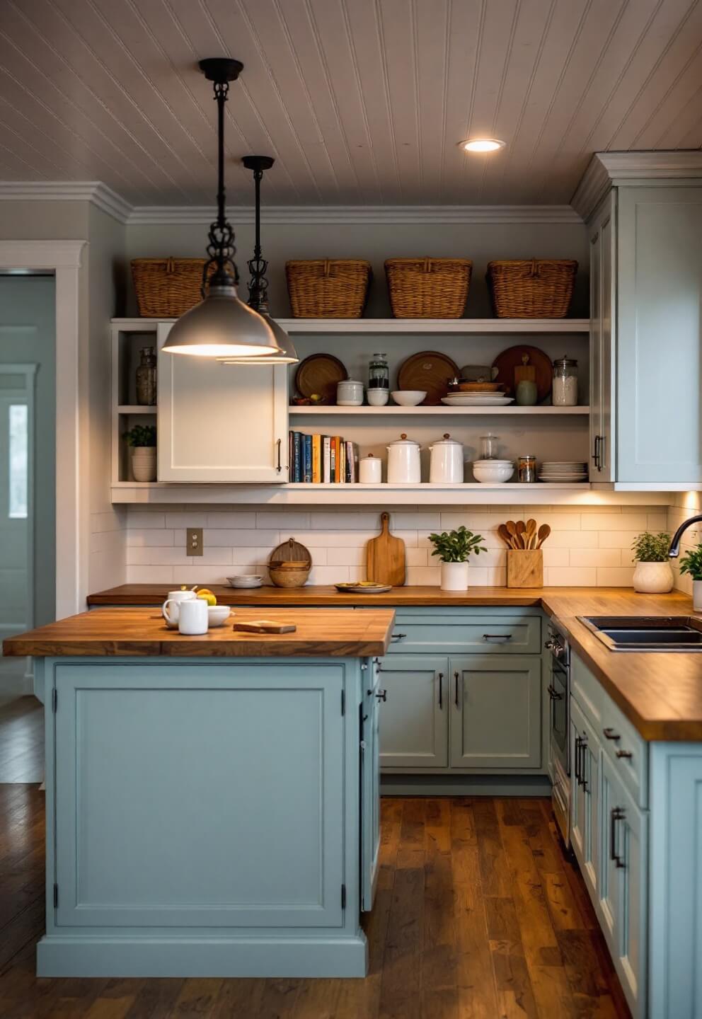 Cozy farmhouse kitchen at dusk featuring sage green island, vintage pendant lights, beadboard ceiling, open shelving with white ceramics, pull-out spice rack and butcher block countertops.