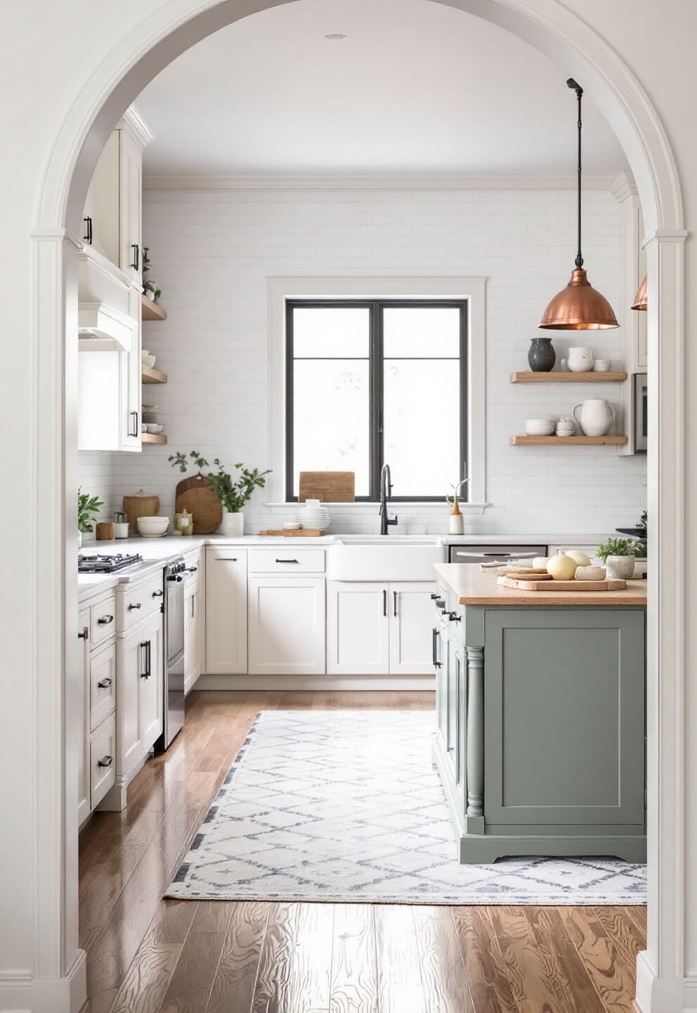 Farmhouse-style kitchen with cream cabinets, sage green island, brick backsplash, and copper lights, viewed from entrance archway