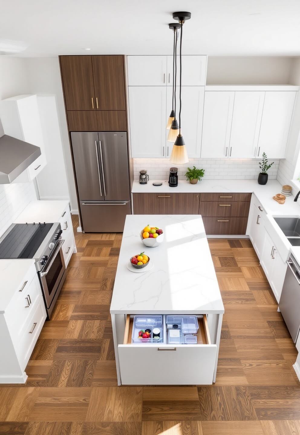 Overhead view of a contemporary midday kitchen with white and walnut cabinets, quartz island, and under-cabinet lighting highlighting subway tile backsplash.