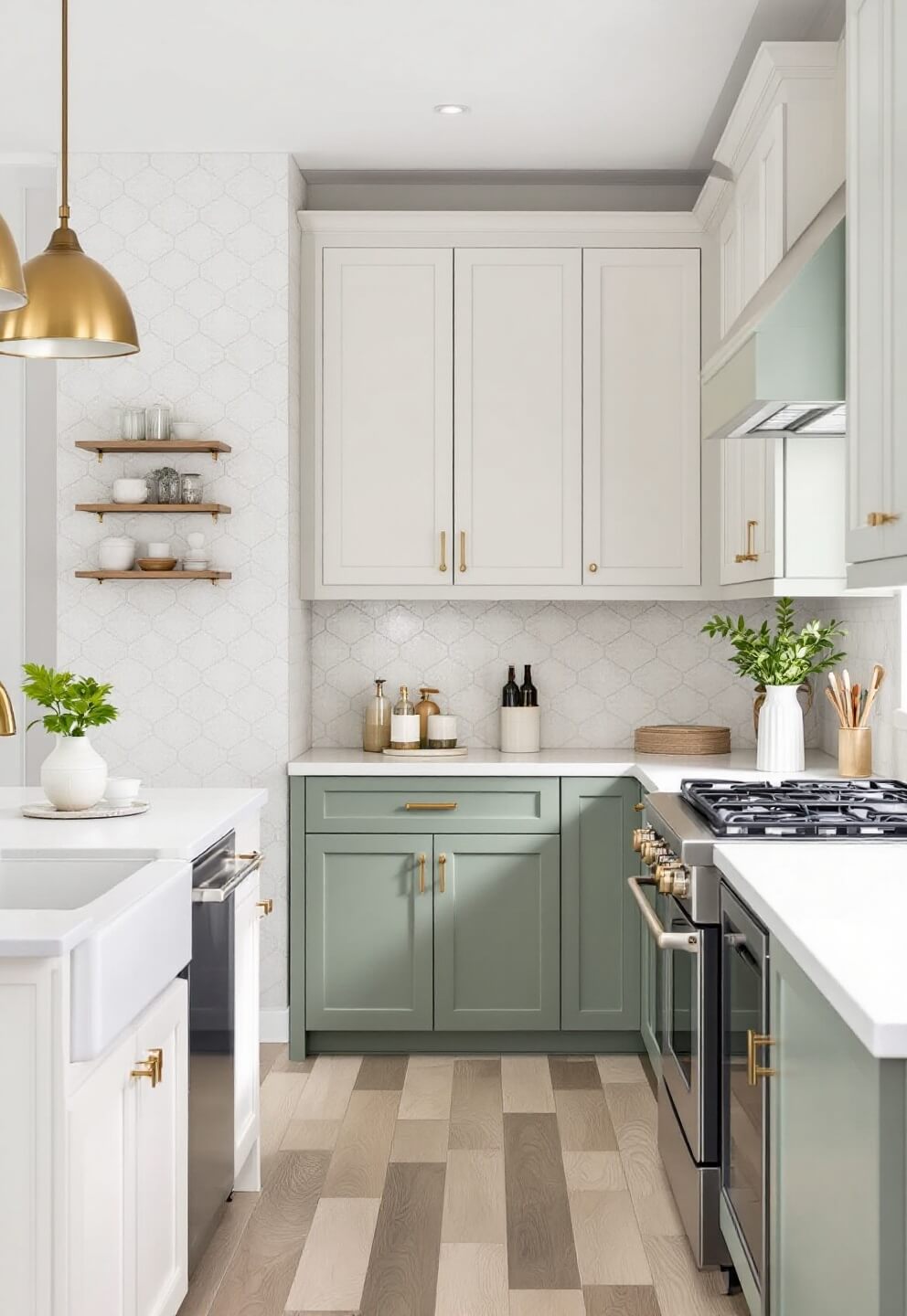 Aerial view of a modern transitional kitchen with two-tone sage green and cream cabinetry, quartz waterfall countertop on an 8ft island, brass fixtures, and a geometric tile backsplash in cream with subtle sage accents.