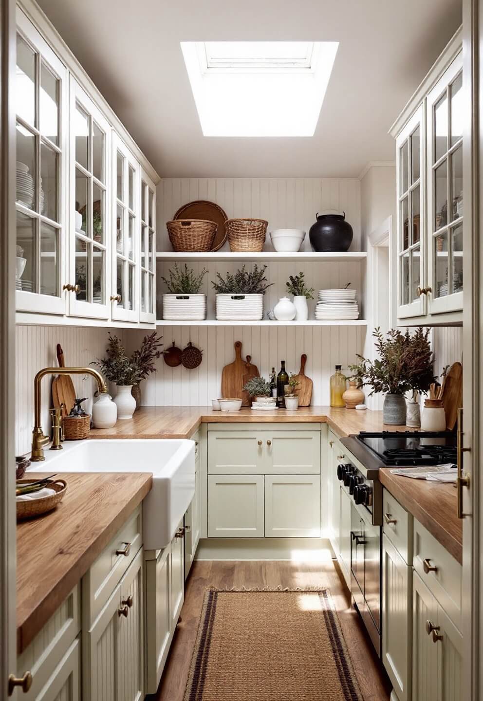 Cottage-style galley kitchen with sage green and cream cabinets, white oak shelves, farmhouse sink, brass faucet, and decorative baskets with herbs under a skylight.