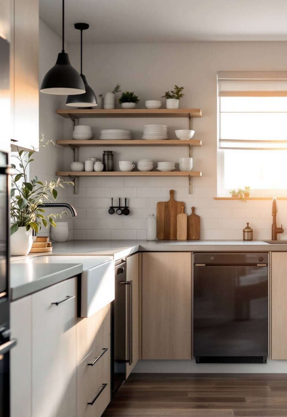 Scandinavian-inspired kitchen at sunrise featuring white oak cabinetry, concrete countertops, minimalist pendant lights, and organized open shelving with white ceramics