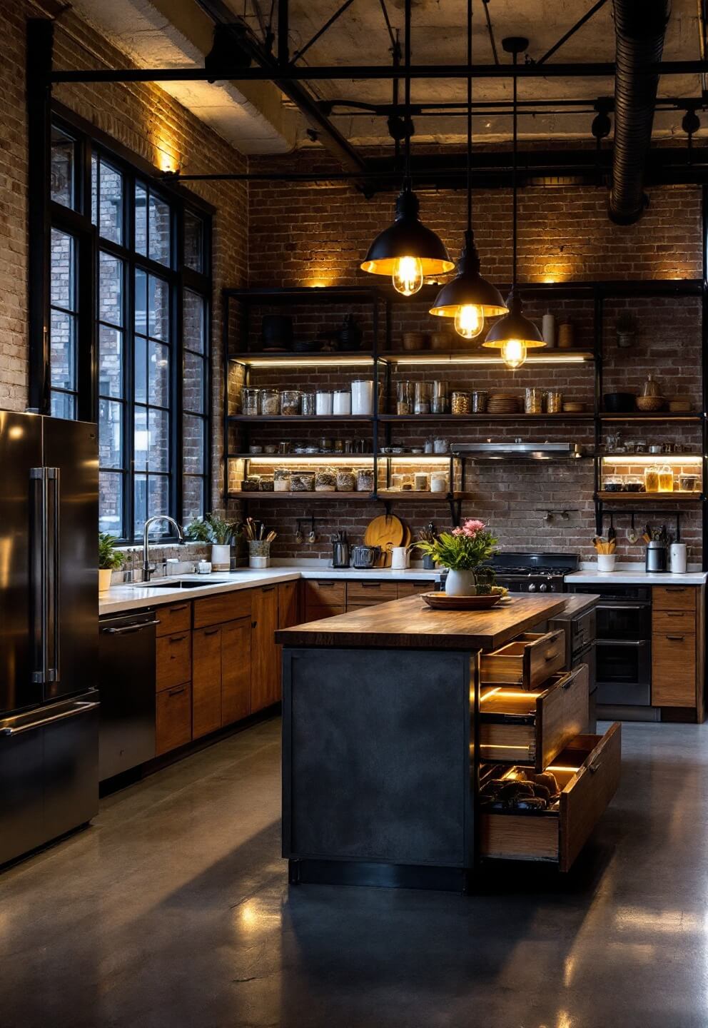 Industrial-chic loft kitchen at night with stainless steel appliances, pendant lighting, custom island storage, and polished concrete floors, showcased under dramatic evening lighting.