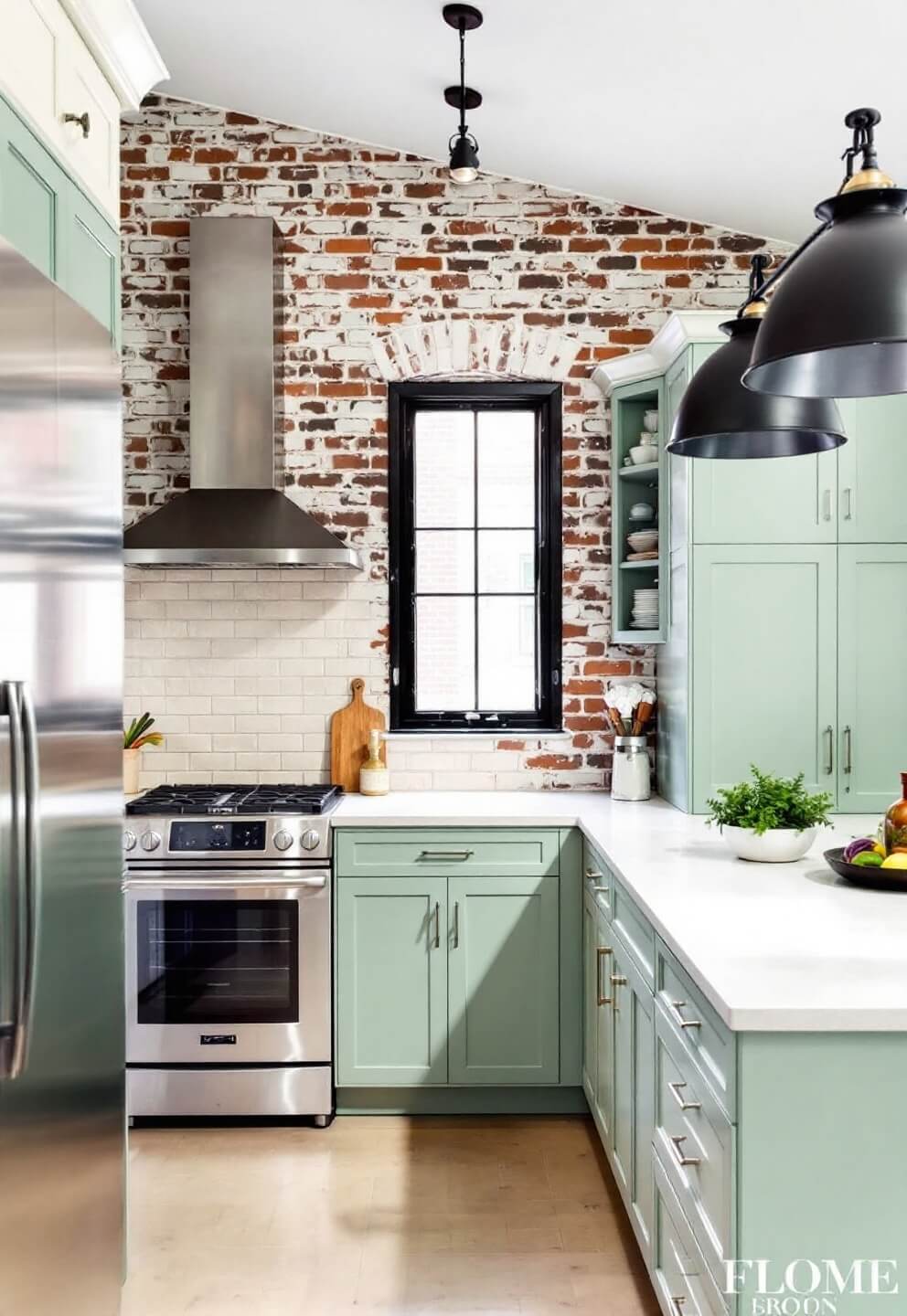 High ceiling industrial-style kitchen with cream brick walls, sage green cabinets, cream countertops, stainless steel appliances, black iron pendant lights, and large factory windows