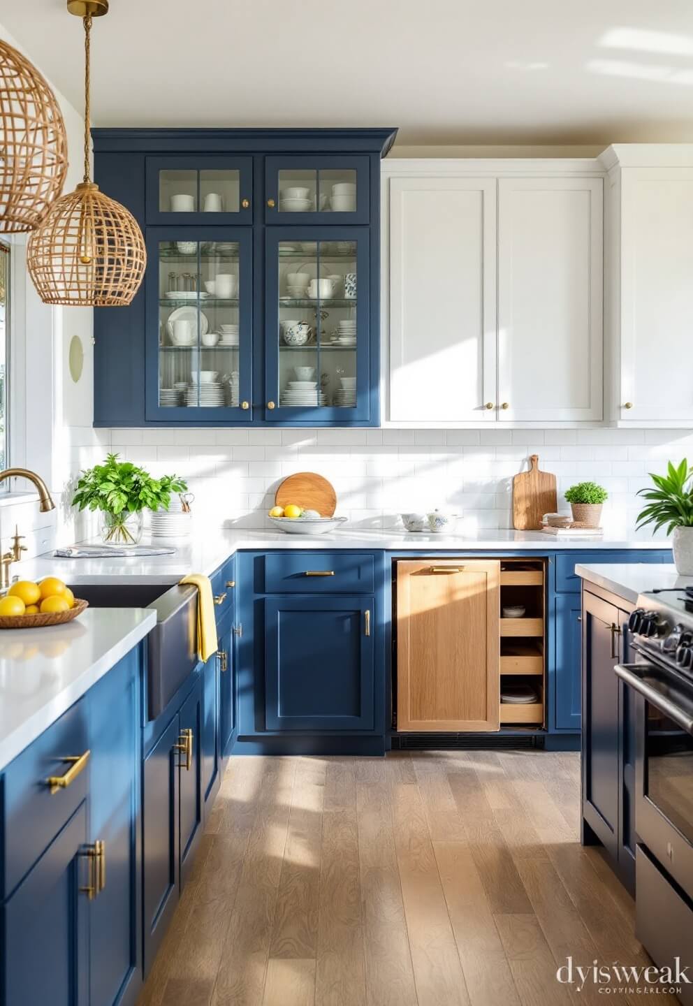 Bright, airy coastal kitchen with navy and white cabinets, marble countertops, rattan pendant lights, and glass-front cabinet displaying china collection during afternoon tea time.