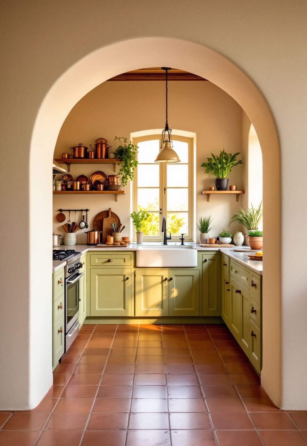 Mediterranean kitchen with sage green cabinets, cream walls, terracotta floor, copper cookware on shelves, herb garden in window and golden hour lighting