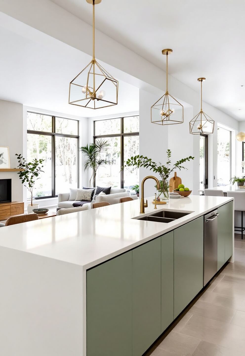 Minimalist contemporary open-plan kitchen with sage green cabinets, cream quartz surfaces, hidden appliances, and geometric brass pendant lights, adjoined to living space, illuminated by bright, even lighting from floor-to-ceiling windows.