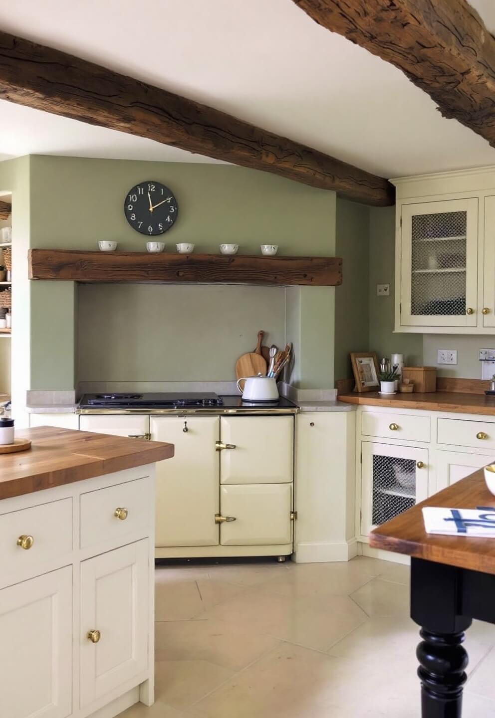 English country kitchen featuring a cream Aga stove, sage green accent wall, cream cabinets with chicken wire inserts, antique brass hardware, butcher block island and cream stone floors, with focus on beamed ceiling architecture, lit by soft natural light