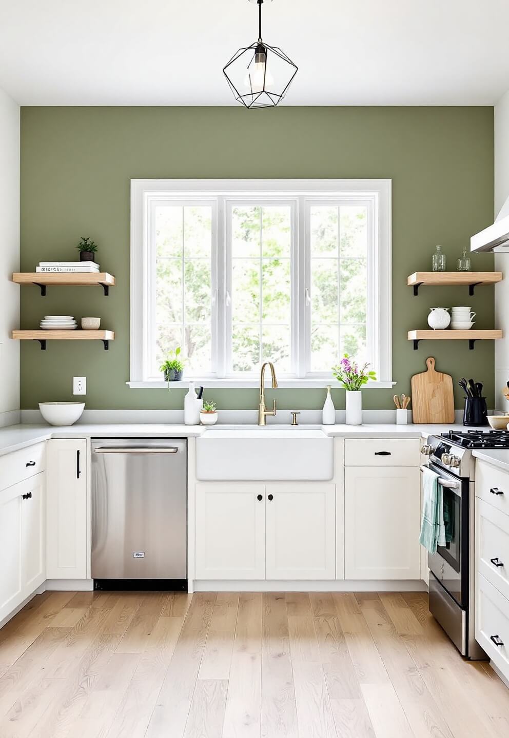 Scandinavian-modern kitchen with sage green wall, cream cabinets, open wooden shelves, and white oak floors illuminated by a geometric pendant light and large window over the farmhouse sink