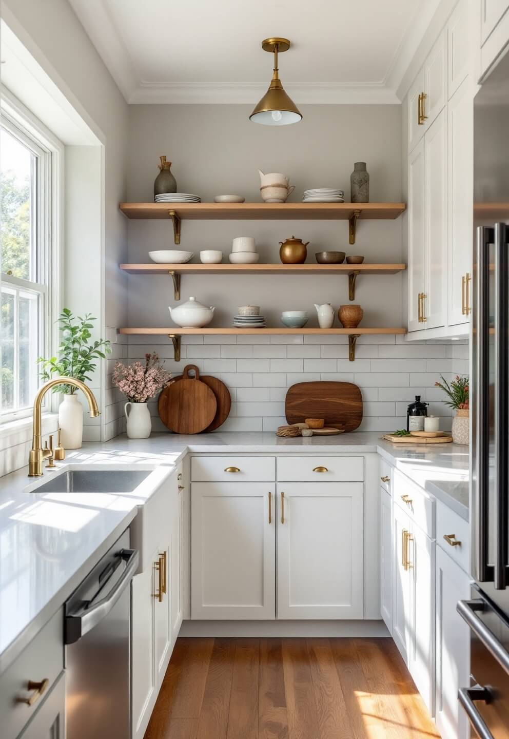 Bright white galley kitchen with high shaker cabinets, grey quartz countertops, brass-finished floating shelves with ceramics, and under-cabinet LED lighting, illuminated by morning sunlight through window.