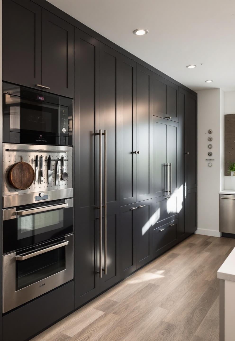 Low angle view of a narrow modern kitchen with innovative 14' matte charcoal pull-out pantry storage wall, integrated appliances, magnetic knife strips, and stainless steel pegboard, lit by natural light and overhead recessed lighting