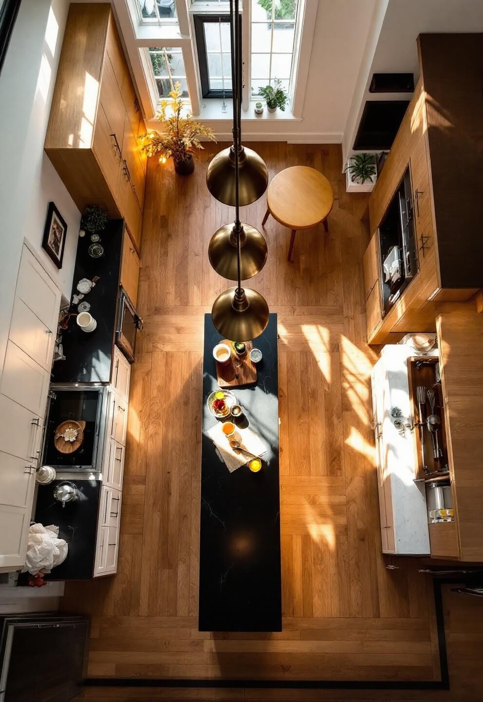 A bird's eye view of an efficiently organized kitchen with white oak cabinets, dark soapstone counters, and distinct zones marked by floor inlays, illuminated by three aged brass pendant lights and morning sunlight.