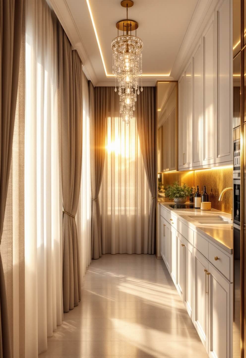 Luxurious narrow kitchen with pearl-white cabinets and champagne-gold backsplash, illuminated by crystal pendant lights, LED strips, and sunlight filtering through sheer linen curtains at golden hour