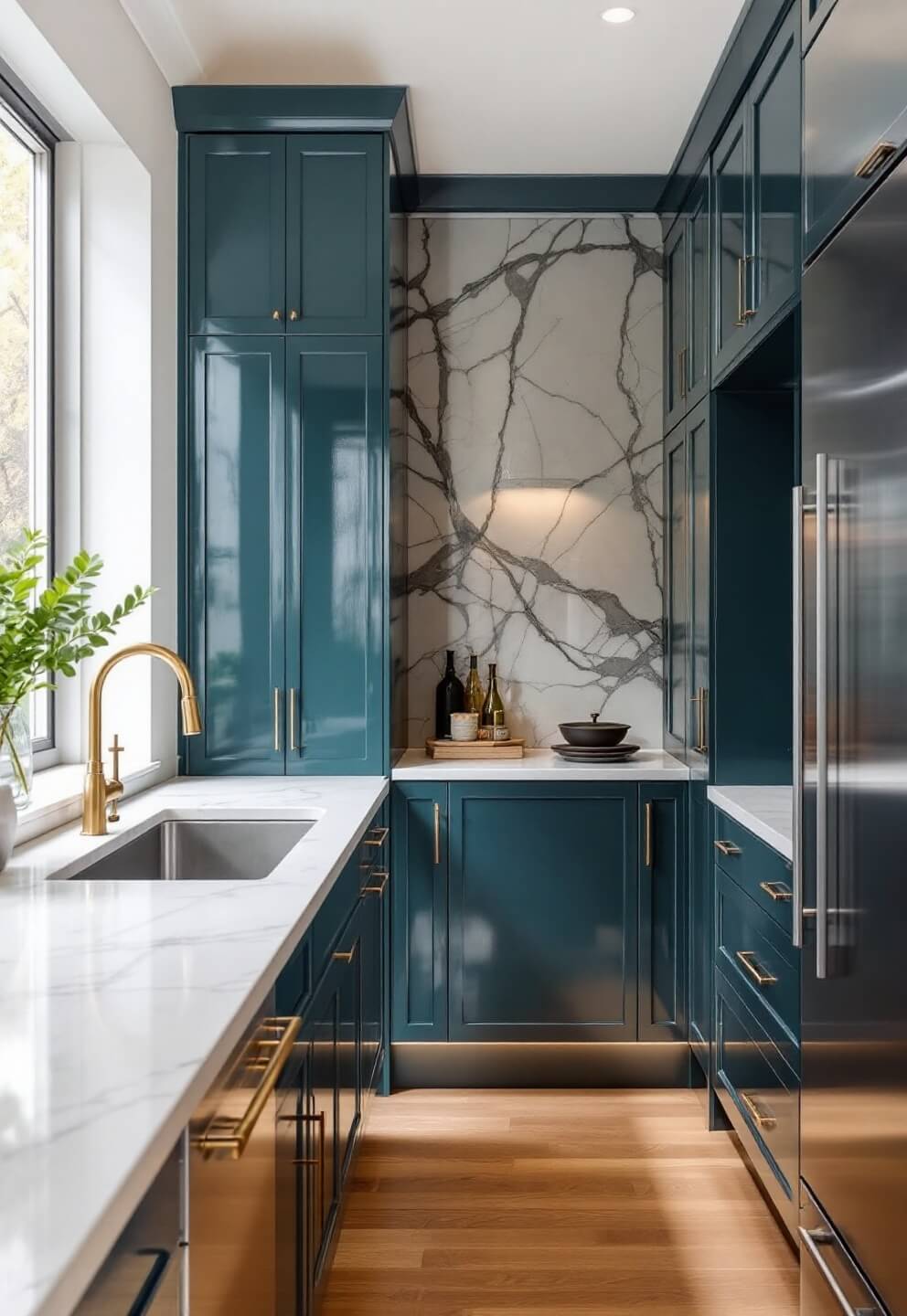 Vertical perspective of a modern galley kitchen with high-gloss teal cabinets, geometric marble backsplash, and morning light highlighting metallic accents