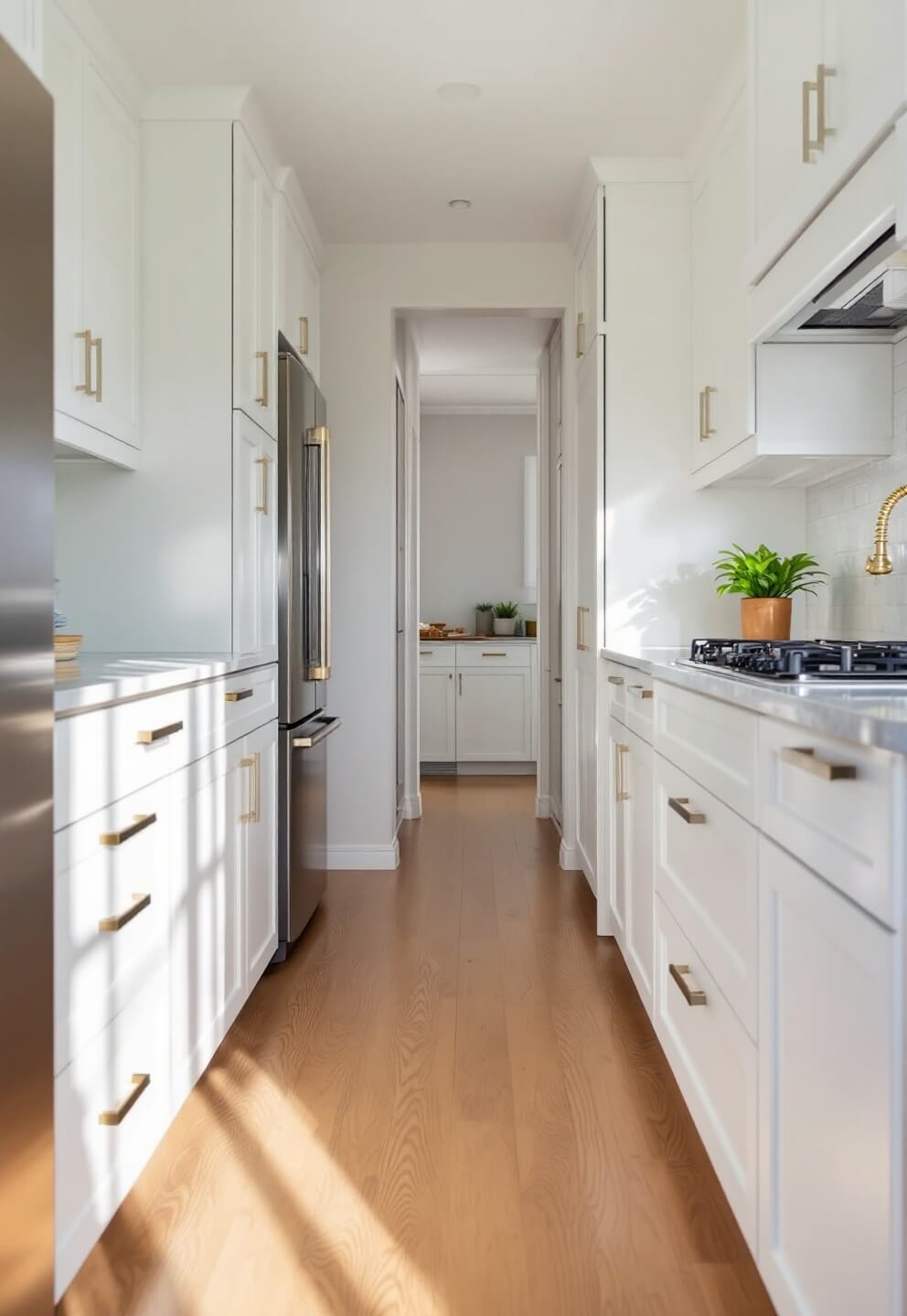 Low-angle view of a narrow kitchen featuring a 6' brass and marble mobile island with integrated storage, white oak flooring and afternoon sun creating dramatic shadows.