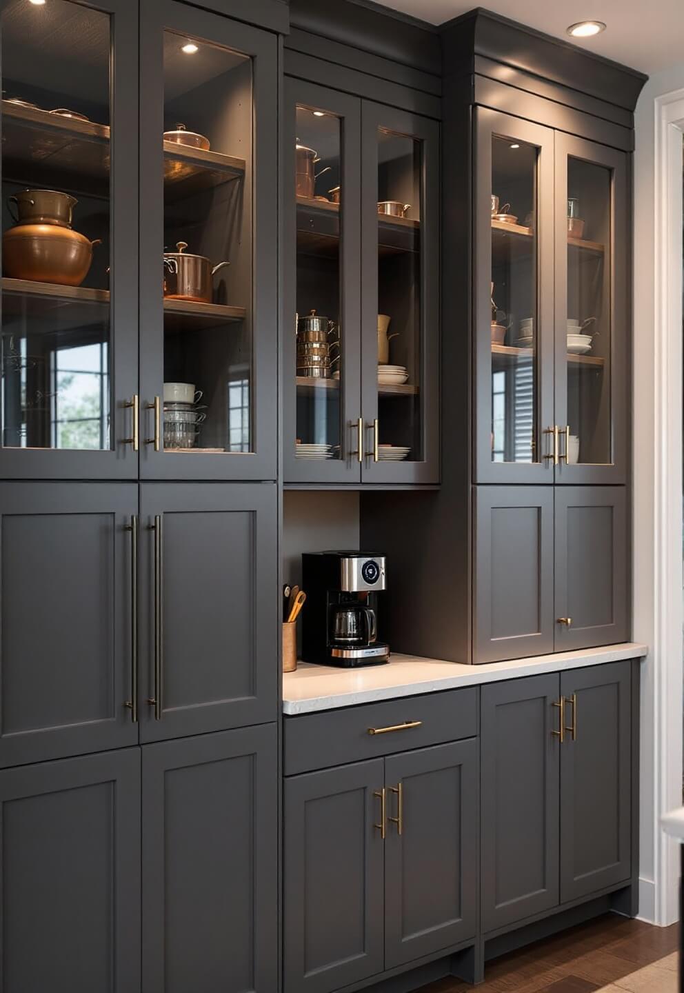 Innovative storage wall with floor-to-ceiling cabinets of different depths, glass-front upper cabinets displaying copper cookware, built-in coffee station, and open shelving, lit by early morning light