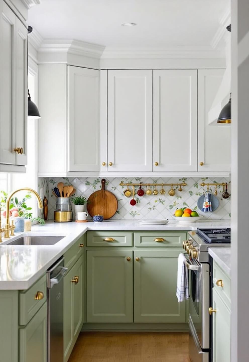 Narrow kitchen with sage green lower cabinets, white upper cabinets with brass hardware, hand-painted tile backsplash, natural and pendant lighting, shot from the entrance at standing height.