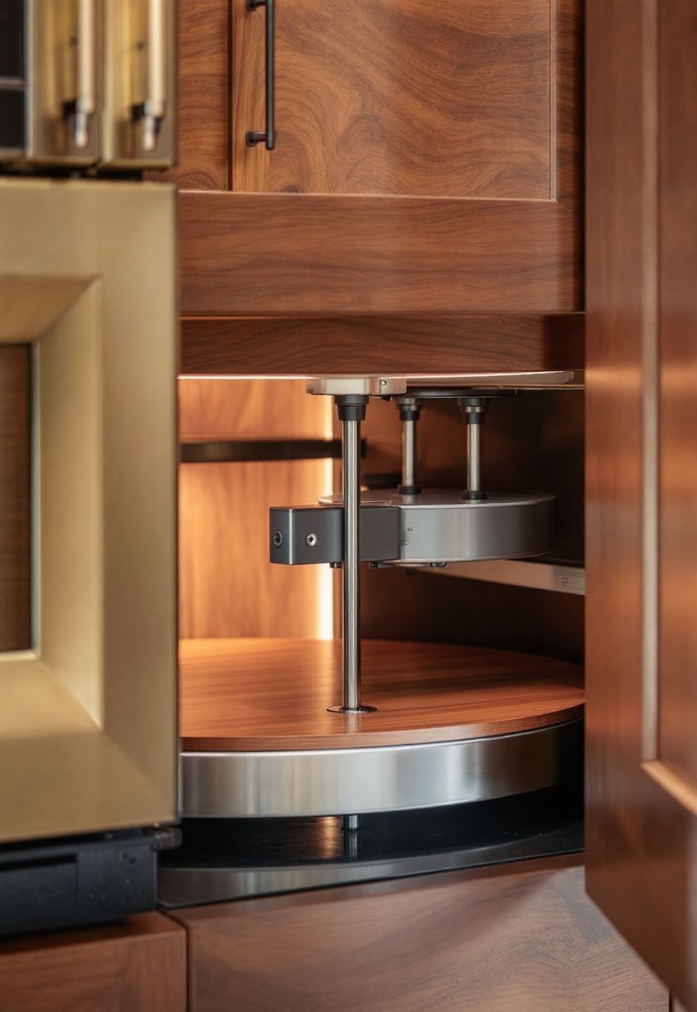 Close-up view of a custom walnut and steel lazy Susan system in a corner cabinet with under-cabinet lighting, shot from a low angle using a macro lens