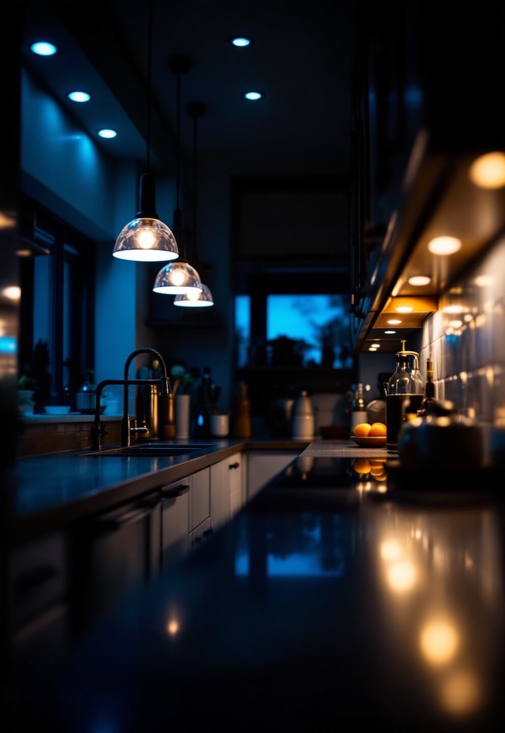 Dusk lighting in a galley kitchen with under-cabinet LEDs, pendant lights, and recessed spots creating distinct zones, reflected on surfaces, shot with a high ISO for atmospheric effect.