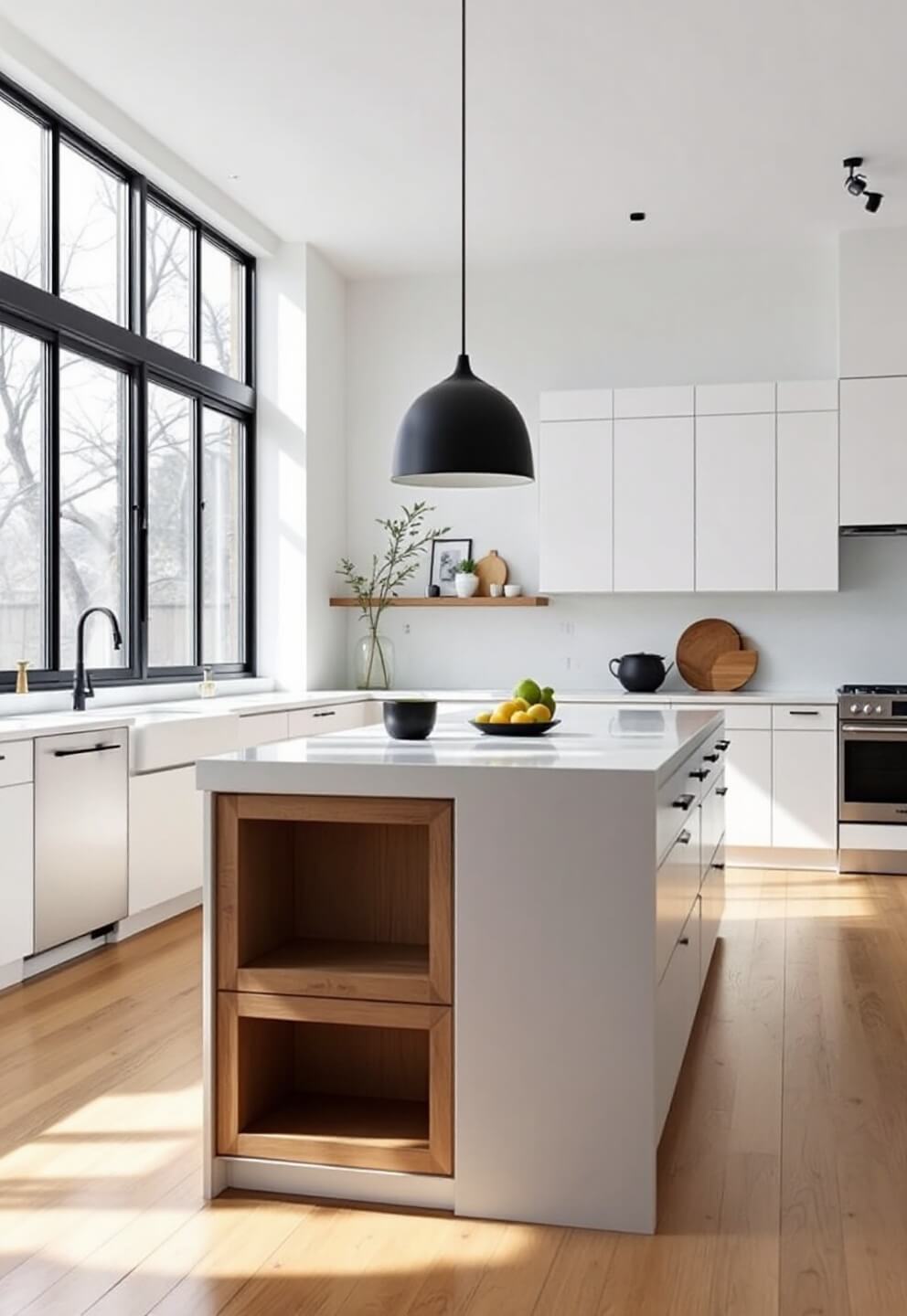 Shot of a spacious minimalist kitchen with white flat-front cabinets, quartz waterfall countertop, and wide-plank oak flooring bathed in morning light from floor-to-ceiling windows.